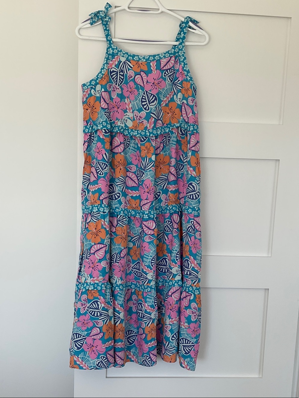 Cat & Jack blue Floral Tiered Midi Dress with Pink & Orange Flowers